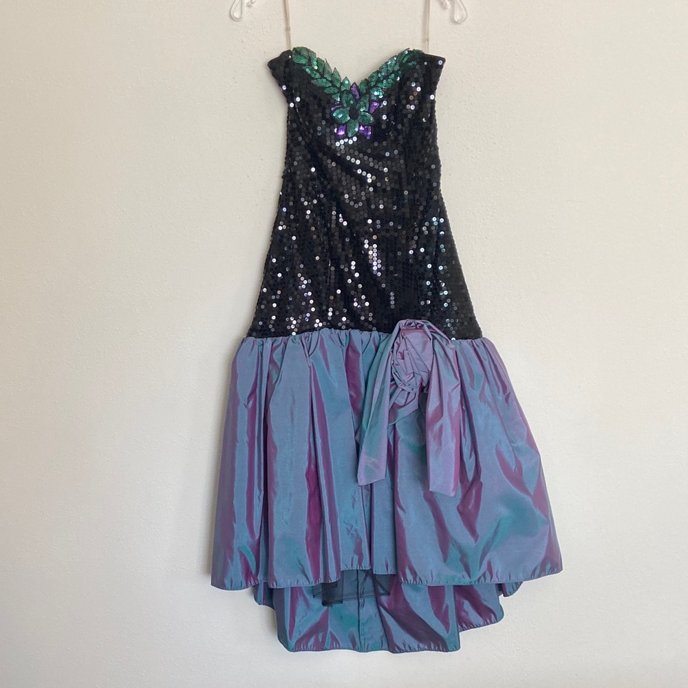 Strapless Sequin Bodice Party Dress with Iridescent Purple-Blue Skirt